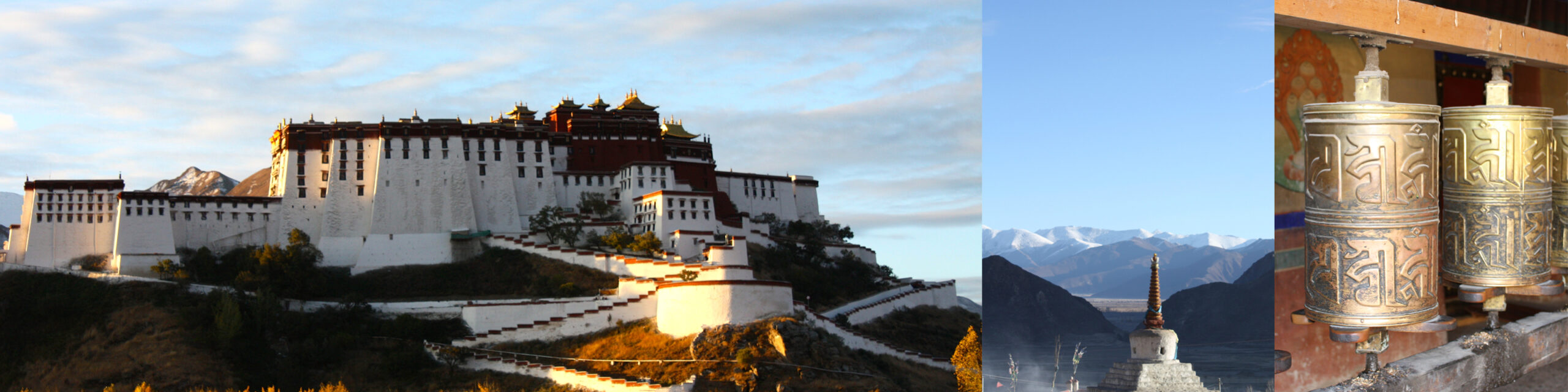 Images of Tibet: the Potala at sunrise; a chorten; prayer wheels in Lhasa